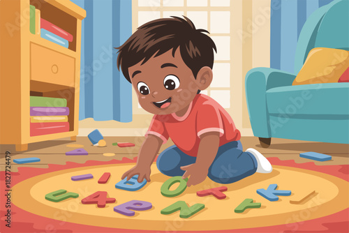 A smiling child playing with colorful foam letters in a cozy room, the letters scattered on the rug