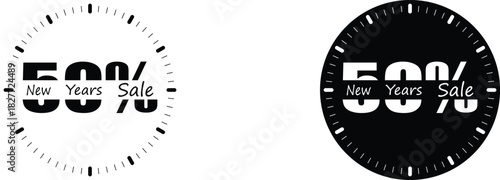 New Year sale design featuring a bold 50 percent discount in the center surrounded by smooth tick marks for a modern promotional graphic that highlights seasonal shopping offers attractively