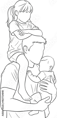 Father carrying daughter on shoulders and holding baby, family line art vector illustration, dad with children, parenting love sketch, happy fatherhood concept.