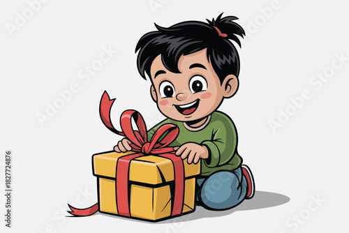 A cartoon child kneels excitedly, smiling at a brightly wrapped gift with a red ribbon