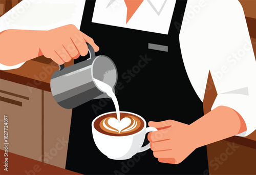 A barista pours milk into coffee, creating a heart design. The person wears a black apron. A brown counter and white shirt