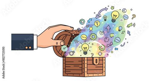 Hand Opening Treasure Chest Releasing Creative Ideas and Symbols, Generative AI.