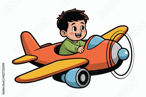 Cartoon illustration of a smiling boy piloting a brightly colored orange and yellow airplane