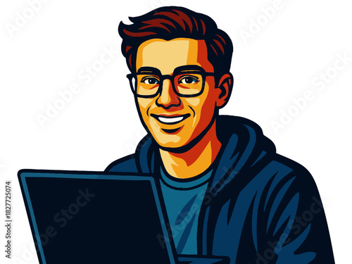 cheerful man in glasses and hoodie using a laptop, ideal for tech, study, or freelance themes. vector colorful pop art illustration.