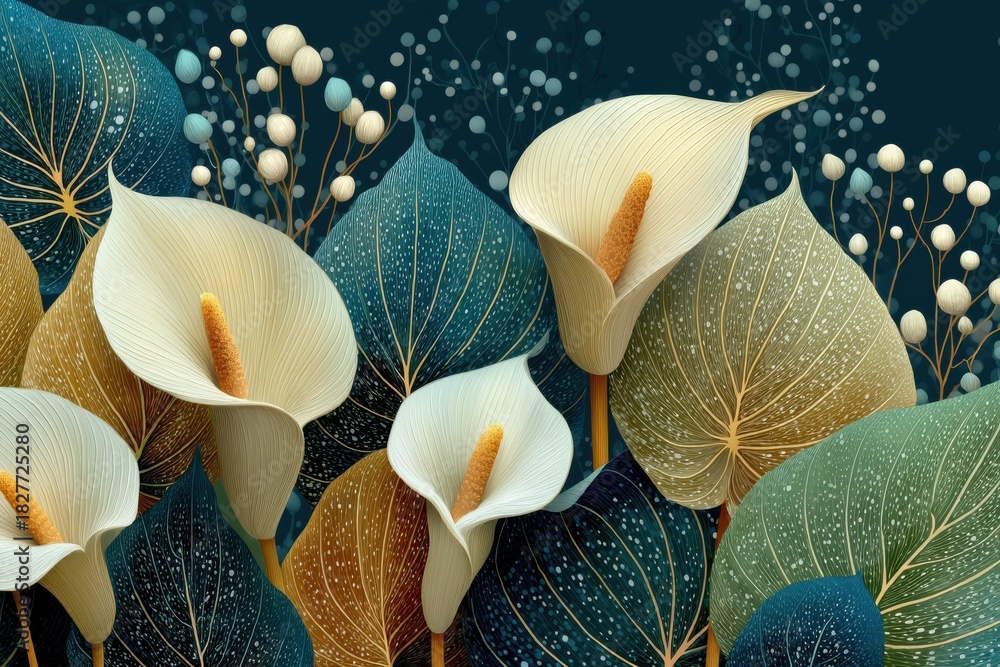 Naklejka premium Abstract floral illustration of white calla lilies with colorful leaves and delicate textures