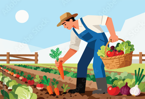 A farmer harvests carrots, carrying a basket of vegetables in a field under a sunny sky