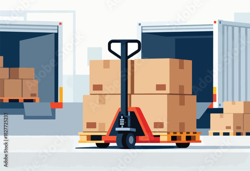 Illustration of a warehouse scene, with cardboard boxes on pallets. A pallet jack is in use. Shipping concept