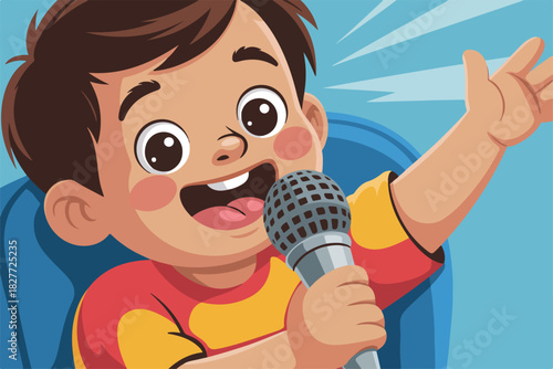 Cartoon illustration of a young boy singing into a microphone, with a blue background and excited expression