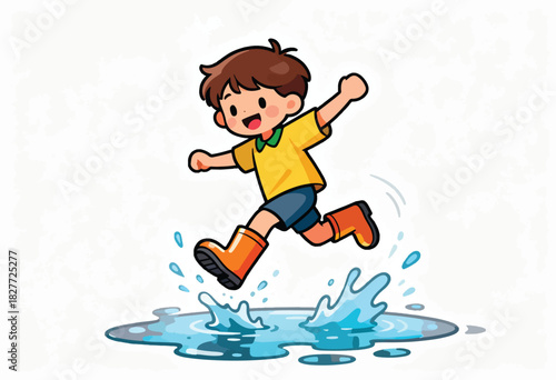 Cartoon boy wearing boots jumping over a puddle, creating water splashes in a playful, stylized illustration