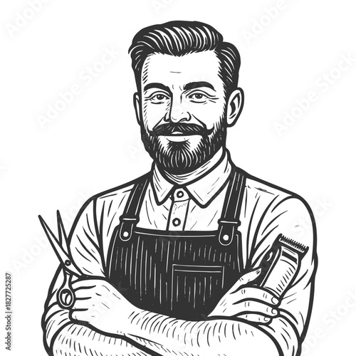confident male barber holding scissors and clipper, perfect for grooming or barbershop themes sketch engraving fictional character vector illustration. Scratch board. Black and white.