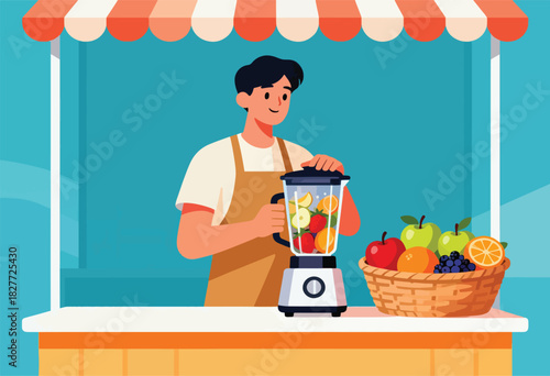 A vendor prepares a fruit smoothie at a stall, surrounded by fruit. A basket displays more fruit