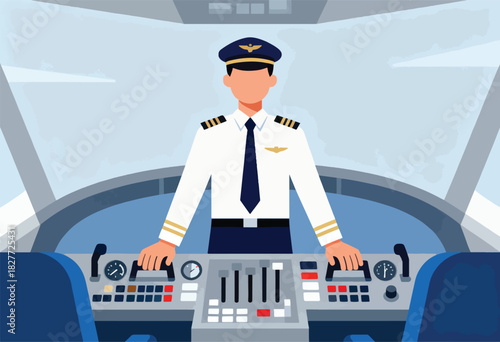 A cartoon pilot, in uniform, stands in cockpit. The controls are shown with the instrument panel