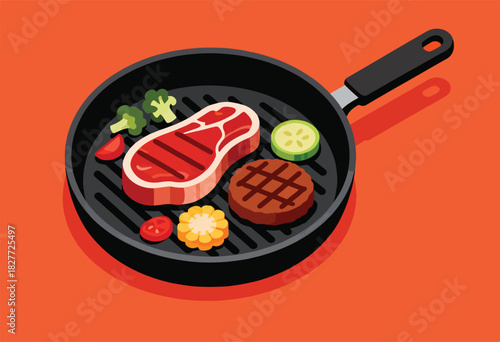 A stylized illustration of a grill pan with steak, burger, vegetables, and corn. All on an orange background