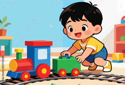 A child plays with a toy train set, cheerful expression on face. Brightly colored train and child's room background