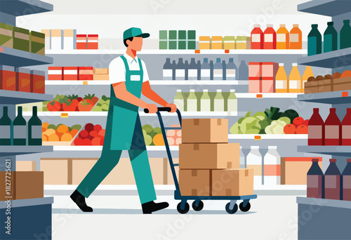 A worker in teal uniform pushes a cart loaded with boxes through a grocery store, aisles filled with goods