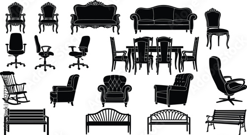 Furniture silhouette vector set, vintage sofa, office chair, park bench, dining table, black and white interior design icons collection, home decoration elements.