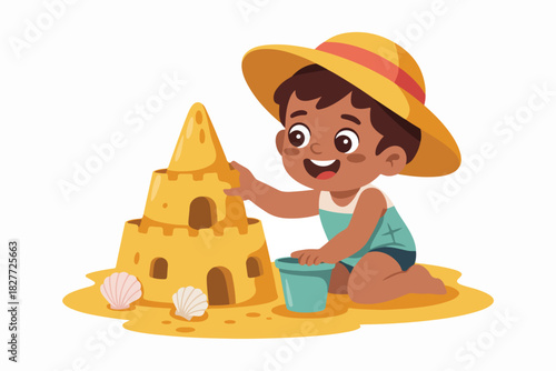 A cartoon child wearing a sunhat builds a sandcastle, with a bucket and seashells nearby