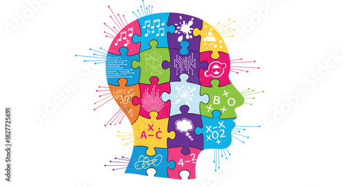 Colorful Puzzle Pieces Forming a Human Head Silhouette Representing Mind and Cognition, Generative AI.