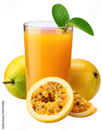 Iconic hawaiian pog beverage with passion fruit, orange, and guava flavors in a jar, isolated on a stark white background