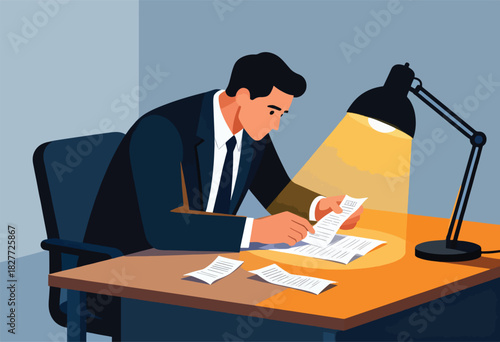 Businessman in a suit examines documents under the glow of a desk lamp, office setting