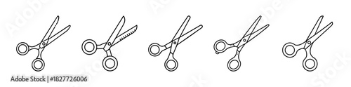 Set of five outline scissors icons in different open positions vector
