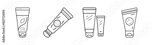 Various cosmetic cream tube line art icons for beauty skincare products