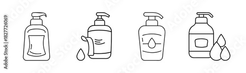 Minimal line icons: hand soap, sanitizer, lotion pump bottles, water drops
