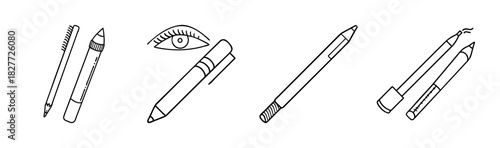 Collection of line art pens, pencils, and an eye icon for design concepts