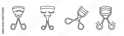 Eyelash curler icons set, line art beauty tool symbols for makeup app