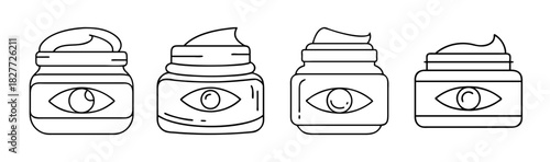 Eye cream jars line art icons, cosmetic product skincare health vector