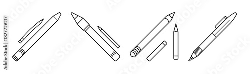 Line art drawing of various writing instruments, pens, pencils, and stylus