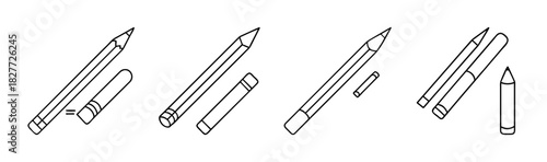 Vector line art illustration of assorted pencils and erasers for creative work