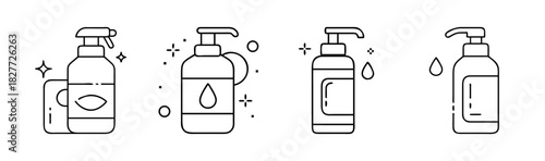 Line art icons of pump and spray bottles for cleaning and hygiene products