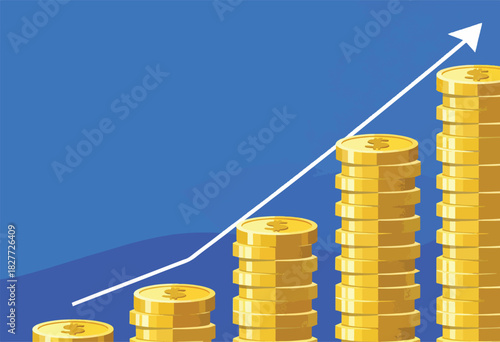 A blue backdrop with rising stacks of gold coins, a white line indicates upward growth