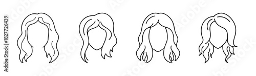 Women's medium length wavy and curly hairstyle outline icons set