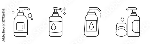 Liquid soap dispenser and bar soap outline icons set for wash and care