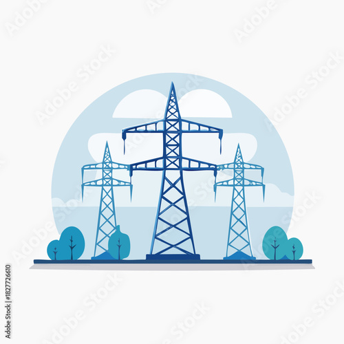 Electricity pylons transmit power across the landscape.