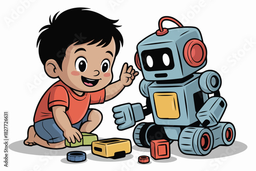 A smiling child interacts with a robot toy, arranging blocks together. Both are vividly colored, set on white