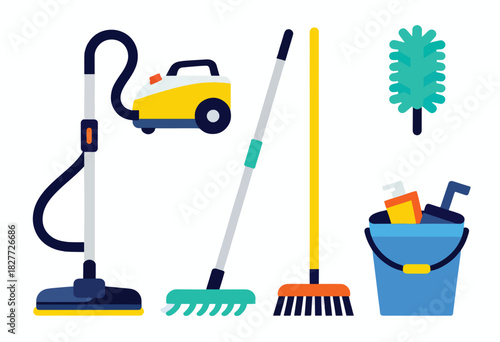 Vector illustration of various cleaning supplies on a white background, including a vacuum, mop, broom and bucket