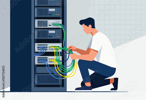 An IT professional connects cables to a server rack in a modern, minimalist illustration