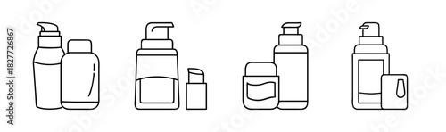 Line art cosmetic and skincare product outline icons for beauty industry
