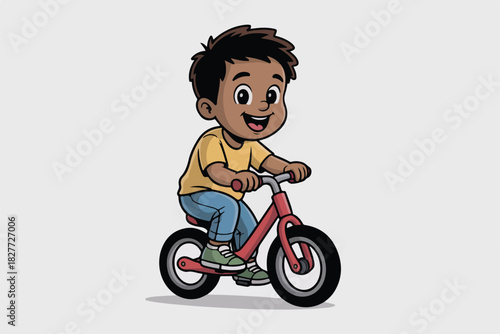 Cartoon illustration of a smiling boy riding a red balance bike, on a light gray background