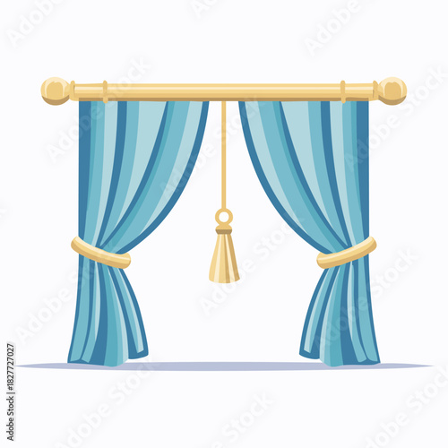 Elegant blue curtains with golden rod and tassel decoration.
