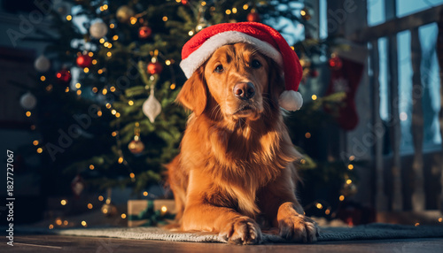 Golden Retriever with Santa Hat
