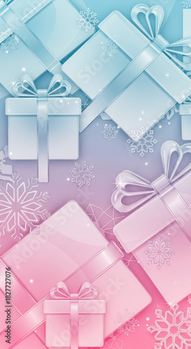 Assorted pastel blue and pink presents with shimmering ribbons and snowflake patterns, evoking a festive and celebratory mood.