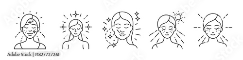 Skin care treatment, problems, health, glow, sun protection vector icon set