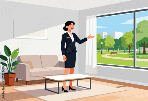 A woman in a dark suit stands inside a home, gesturing towards a park visible through a large window