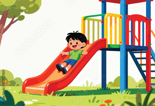 A cartoon child slides down a red slide on a colorful playground. Trees and grass surround