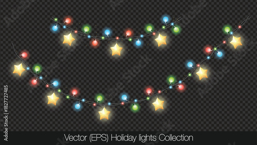 Charming Holiday lights set with glowing stars, colorful light bulbs and twinkles, isolated on transparent background. Decorative colorful string lights with twinkle