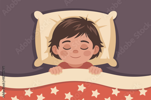 A cartoon child sleeps soundly in bed, eyes closed, on a pillow, with a starry blanket